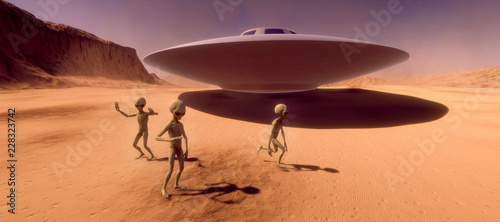 Extremely detailed and realistic high resolution 3d illustration feauturing 3 Grey Aliens on a Mars like planet