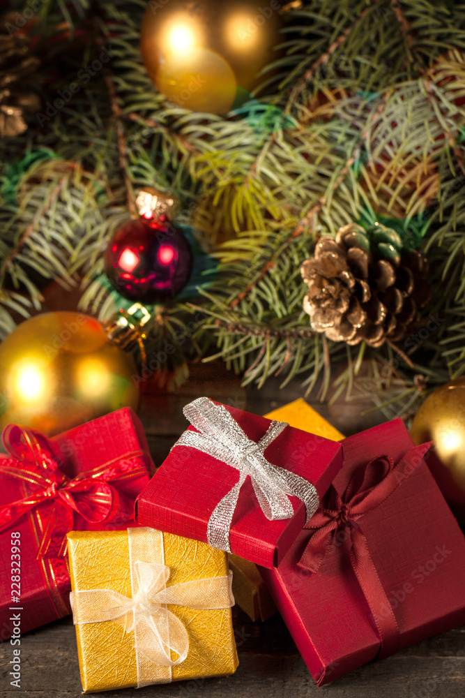 Luxury New Year gifts, different present boxes under Christmas tree in holiday eve, Christmastime celebration, home decorated with festive shiny balls, magic night Luxury New Year gifts, different present boxes under Christmas tree in holiday eve, Christmastime celebration, home decorated with festive shiny balls, magic night