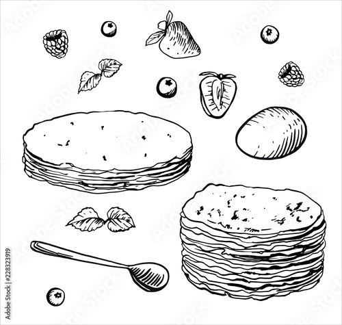 Russian pancakes. A set of pancakes and products for cooking, drawn by hand with ink and pen. Vector