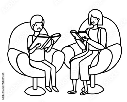 mother and son sitting on sofa with book avatar character