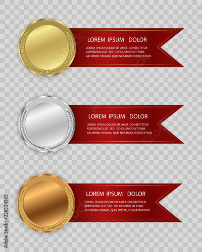 Set of gold, bronze and silver. Winner award competition, prize medal and banner for text. Award medals isolated on transparent background. Vector illustration of winner concept.
