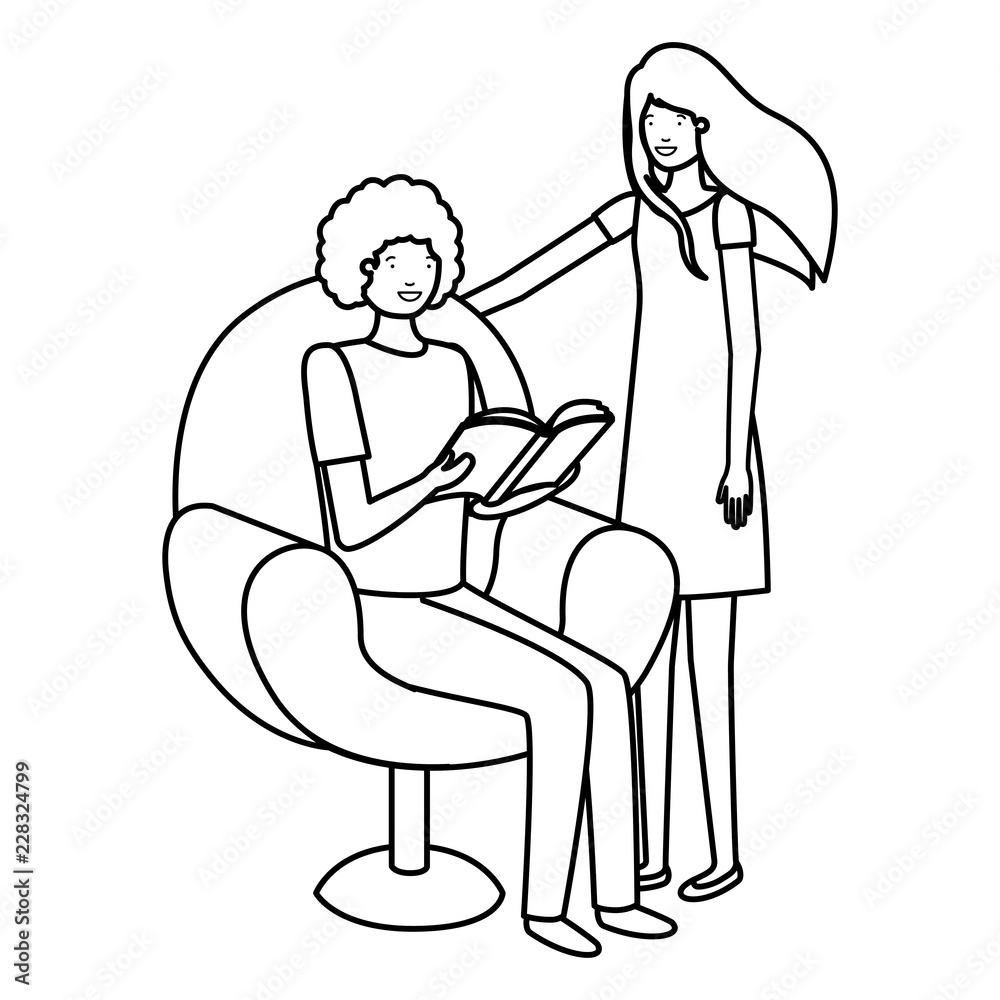 couple sitting in sofa with book avatar character couple sitting in sofa with book avatar character