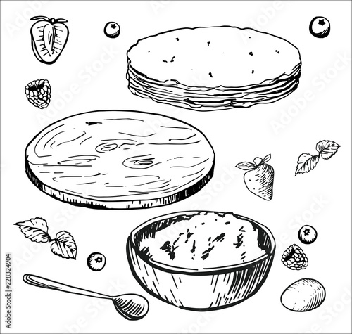 Russian pancakes. A set of pancakes and products for cooking, drawn by hand with ink and pen. Vector