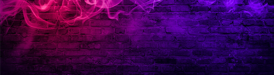 colorful smoke on a black background. Empty background of black brick wall, neon light, smoke.