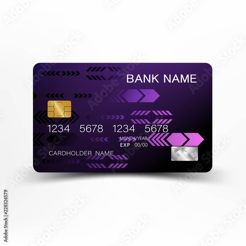 Modern credit card template design. With inspiration from the line abstract. Purple and black color on gray background illustration. Glossy plastic style.