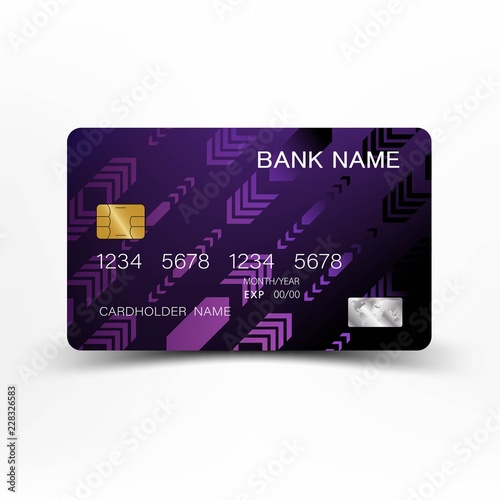 Modern credit card template design. With inspiration from the line abstract. Purple and black color on gray background illustration. Glossy plastic style.