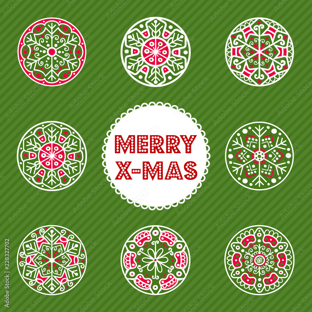Set of festive hand-drawn Christmas snowflake decorations designs. Traditional red and green colors. Merry Christmas greeting card banner. Set of festive hand-drawn Christmas snowflake decorations designs. Traditional red and green colors. Merry Christmas greeting card banner.