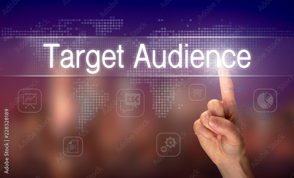 A hand selecting a Target Audience business concept on a clear screen with a colorful blurred background. A hand selecting a Target Audience business concept on a clear screen with a colorful blurred background.