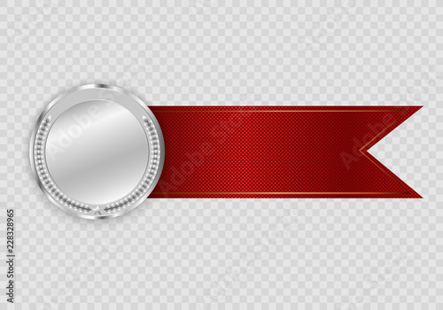 Champion medails with red ribbon. Banner. Winner award competition, prize medal and banner for text. Award medals isolated on transparent background. Vector illustration of winner concept.