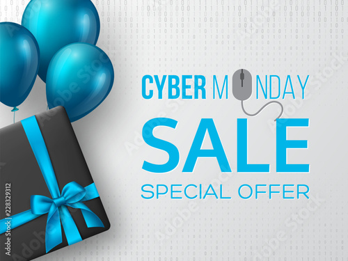 Cyber monday sale poster or banner for seasonal discounts. Black box with realistic silk blue bow and balloons on code background. Sale concept. Vector illustration.