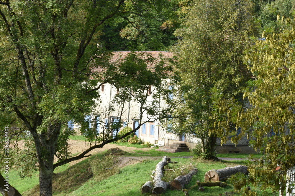 een boerderij met boomstammen aan een laan in de bossen van de Vogezen bij Lesseux