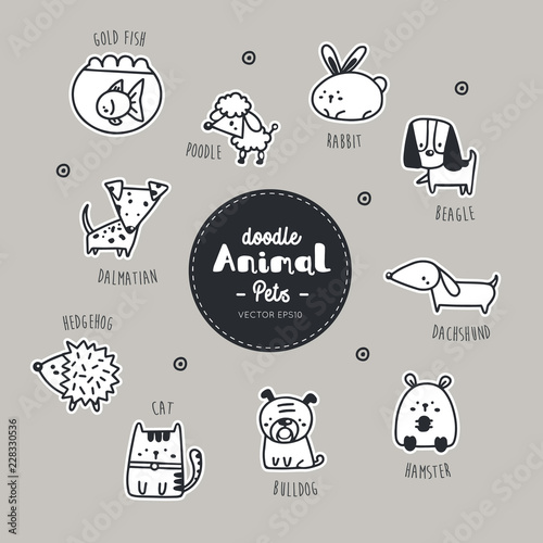 Set of pets , animal icon hand draw doodle style vector.