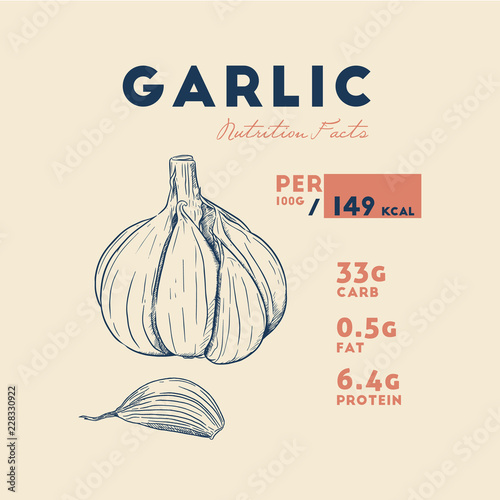 Health benefits of garlic. Nutrition facts. Hand drawn health benefits table.