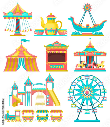 Amusement park design elements set, merry go round, carousel, circus tent, ferris wheel, train, ticket booth vector Illustration on a white background