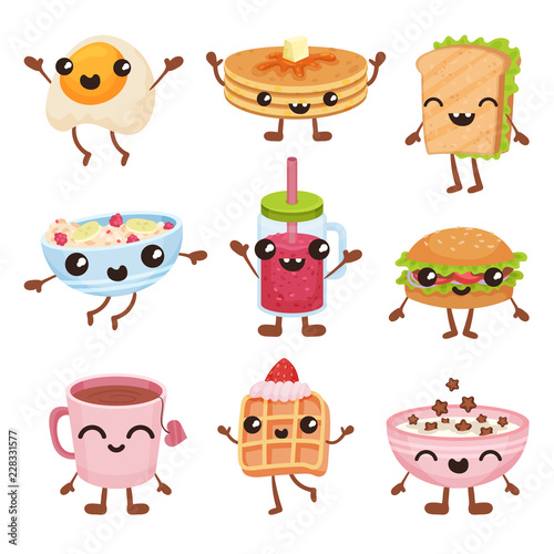 Fast food cartoon characters set, delicious dishes and drinks with smiling faces vector Illustration on a white background