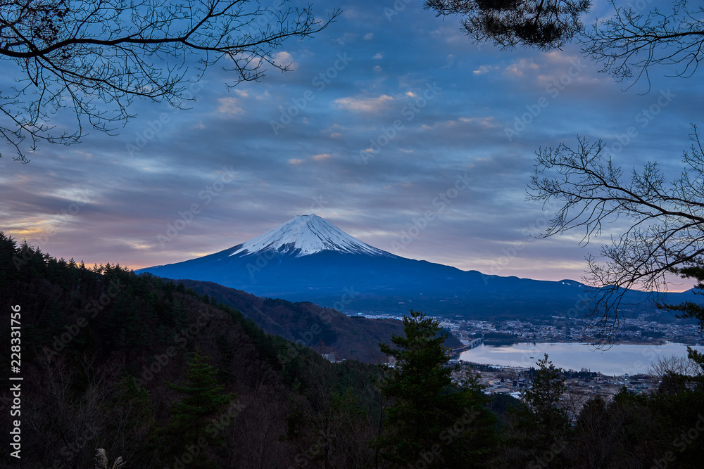 winter skyline with mountain fuji and kawaguchiko lake