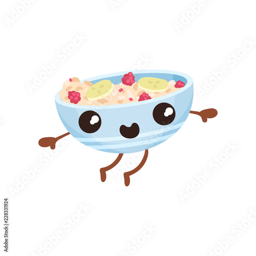 Oatmeal porridge with berries cartoon character with funny face vector Illustration on a white background