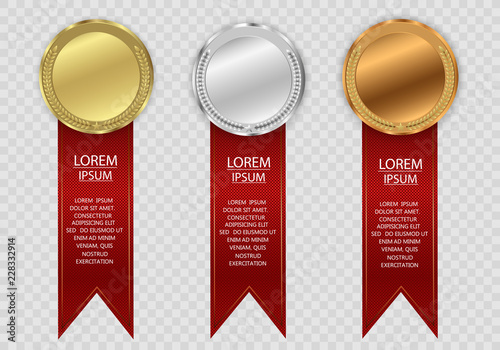 
Set of gold, bronze and silver. Winner award competition, prize medal and banner for text. Award medals isolated on transparent background. Vector illustration of winner concept. photo