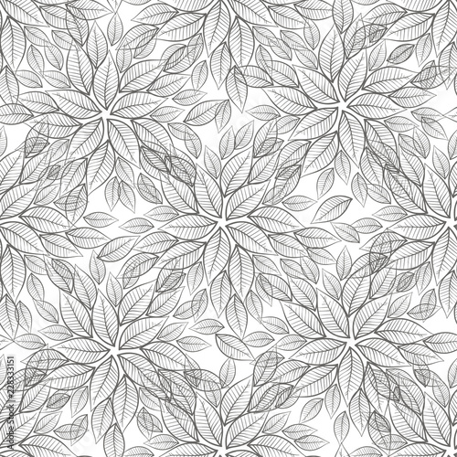 Floral seamless pattern with leaves on a white background. Monochrome vector illustration. Sketch.