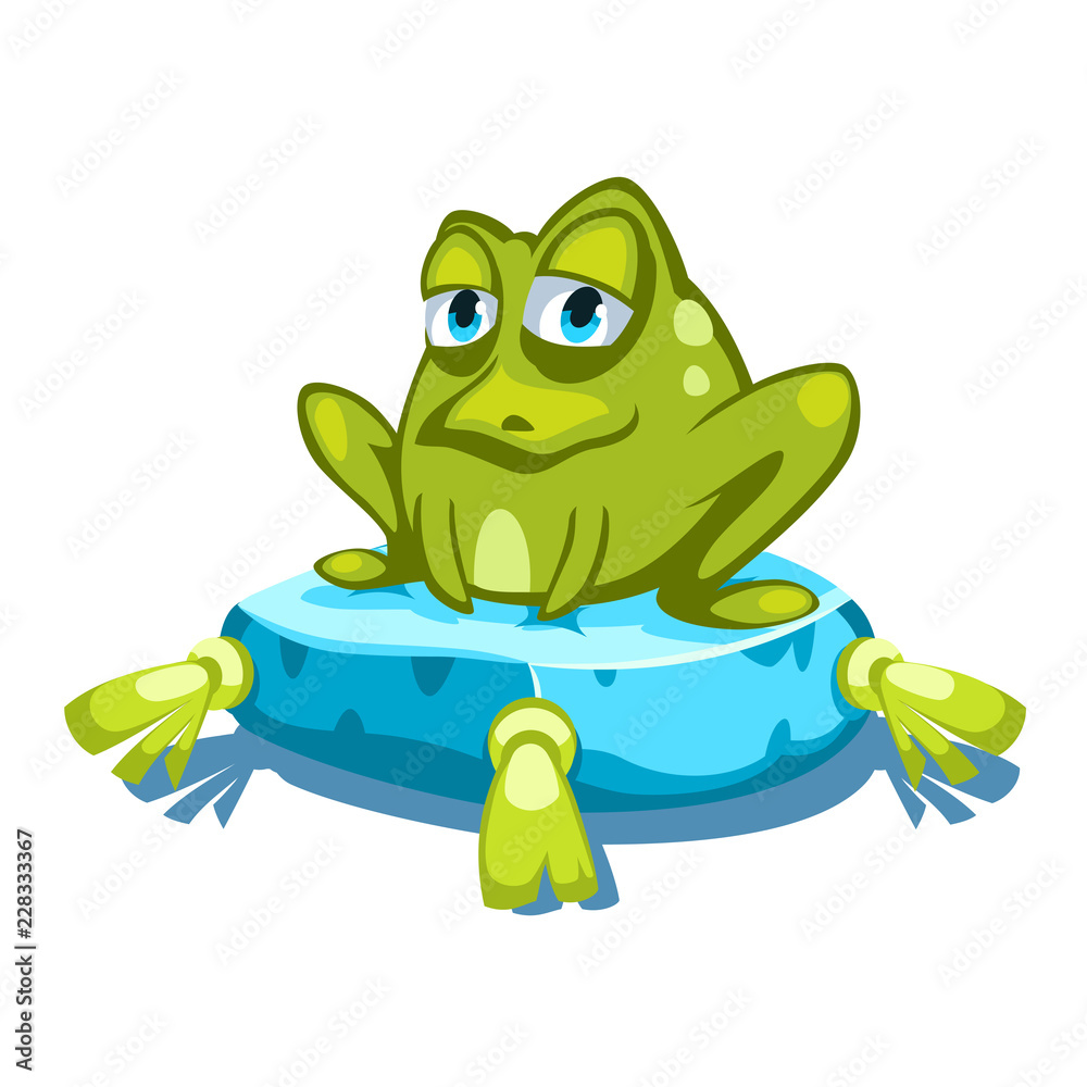 Fototapeta premium Cartoon green frog character sitting on a blue pillow