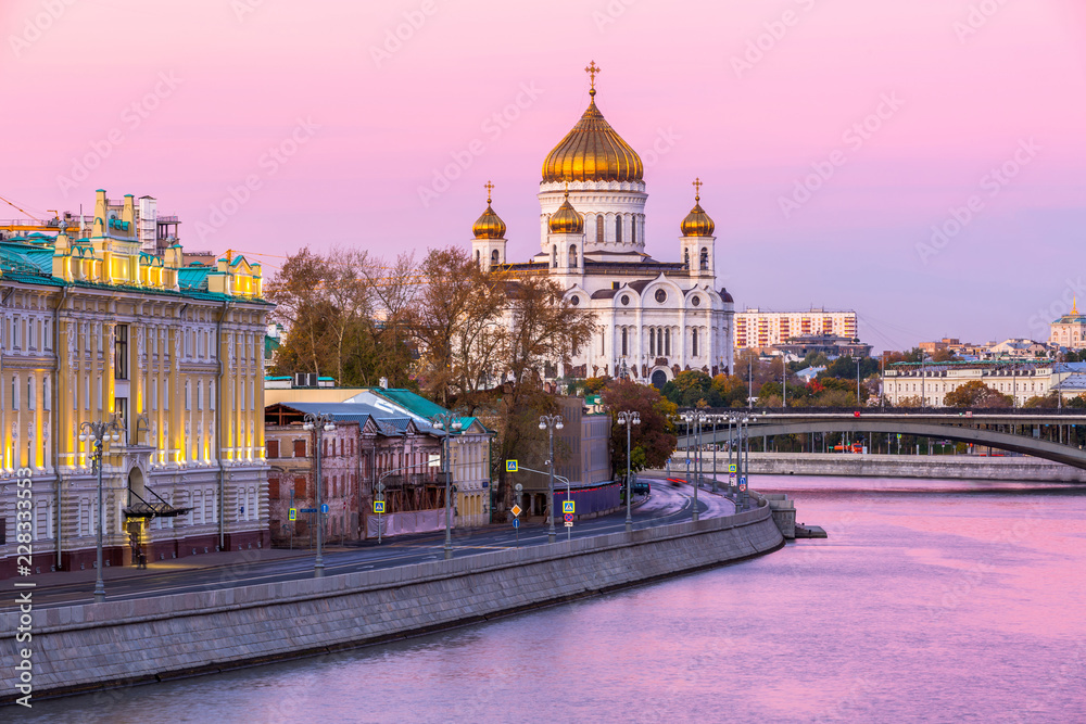 Cathedral of Christ the Savior and Moscow river at twilight in Moscow, Russia, Architecture and landmarks of Moscow. Cathedral of Christ the Savior and Moscow river at twilight in Moscow, Russia, Architecture and landmarks of Moscow.