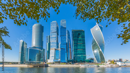 Photography Moscow city skycraper, Moscow International Business Centre at autumn time with Moscow river, Russia