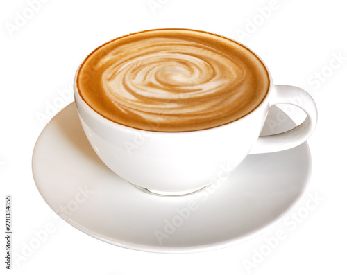 Hot coffee latte cappuccino spiral foam isolated on white background, clipping path included