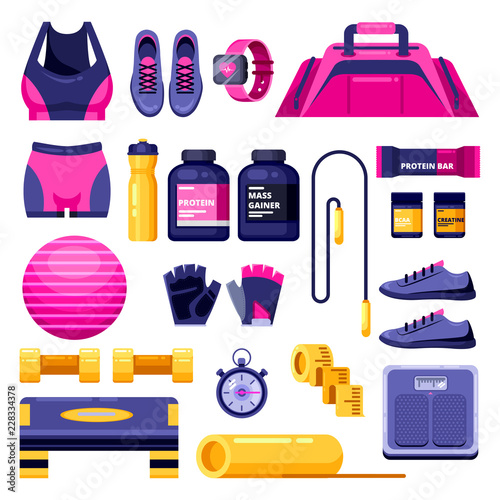 Fitness, workout and gym equipment. Vector flat isolated objects. Sports clothing, shoes and personal accessories icons