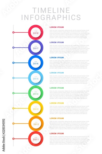 vertical timeline with eight circular elements, year indication and text boxes. simple process diagram for brochure, banner, annual report