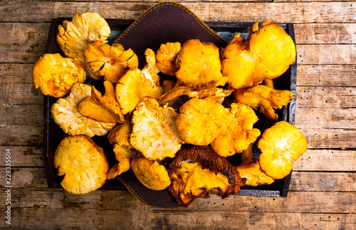 Golden chanterelle mushrooms on a table