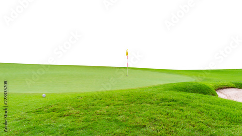 Golf ball on green flag and golf hole as background isolated on white background