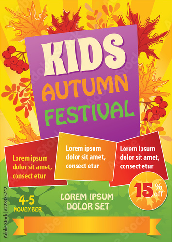 Kid Autumn Festival Template with autumn leaves of maple. Design template of invitation. Vector colorful background