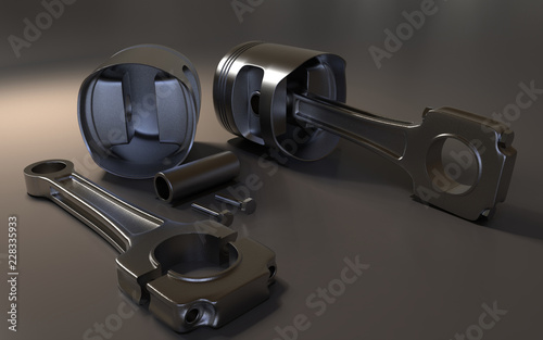 Pistons on background. Car parts. 3D rendering.
