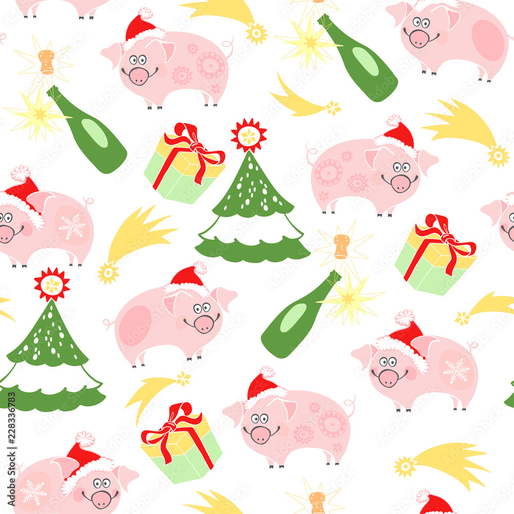 Fototapeta premium Sweet little pigs and symbols of the New Year. Vector cartoon seamless pattern. Piggy - animal symbol of new year 2019.