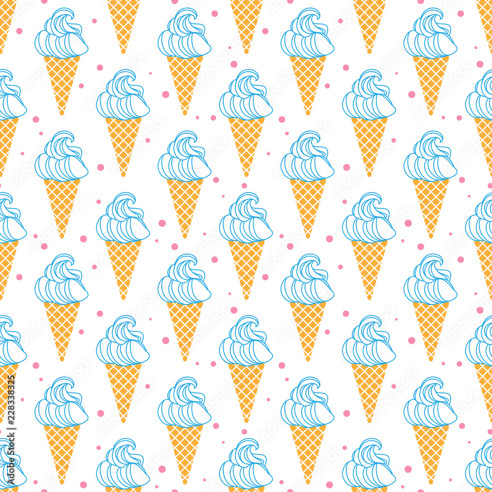 Seamless pattern with ice cream in a waffle horn. Excellent illustration for printing on children's clothing, wrapping paper, fabric, labels on other surfaces. Seamless pattern with ice cream in a waffle horn. Excellent illustration for printing on children's clothing, wrapping paper, fabric, labels on other surfaces.