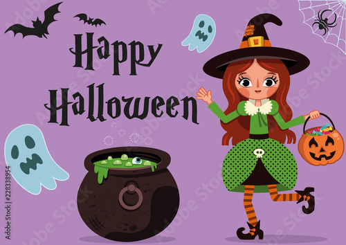 Cute witch character with a Happy Halloween text. 
