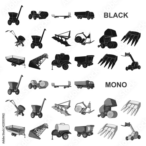 Agricultural machinery black icons in set collection for design. Equipment and device vector symbol stock web illustration.