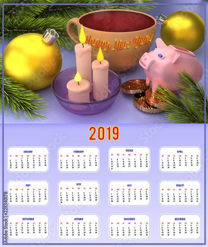 Large format calendar for 2019, congratulations on the New Year and Christmas. 3D rendering