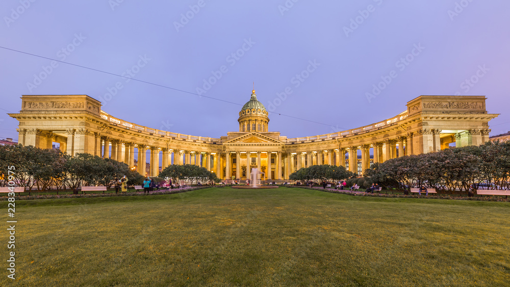 Kazan Cathedral or Cathedral of Our Lady of Kazan at night, Saint Petersburg, Russia.