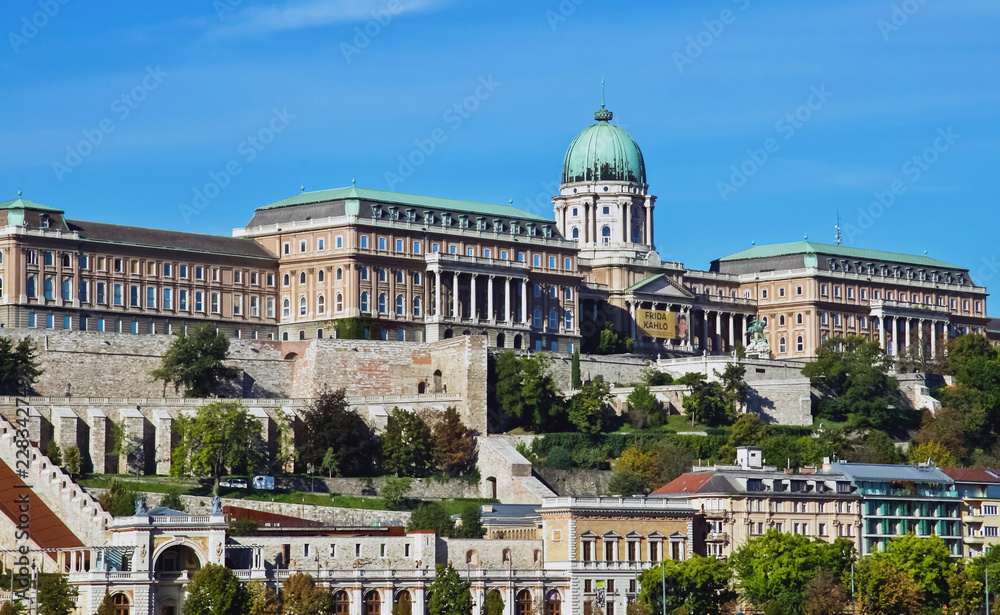 Royal Castle and surrounding buildings Budapest, Hungary on bright blue sunny day.