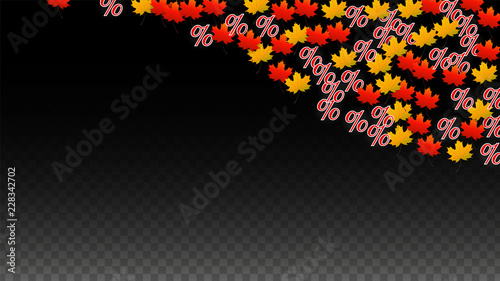 Vector Percentage Sign and Autumn Leaves Confetti on Transparent Background. Percent Sale Background. Business, Economics, Finance Print. Discount Illustration. Promotion poster. Black Friday Banner. 
