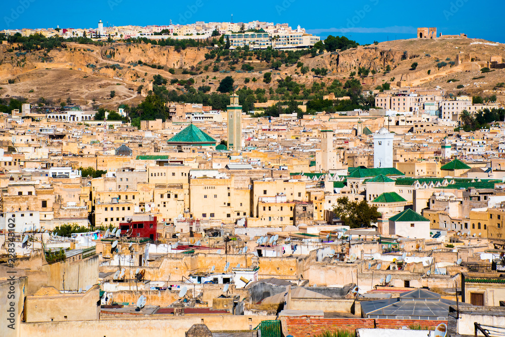 Cityscape View over the rooftops of largest medina in Fes, Morocco in Africa Cityscape View over the rooftops of largest medina in Fes, Morocco in Africa
