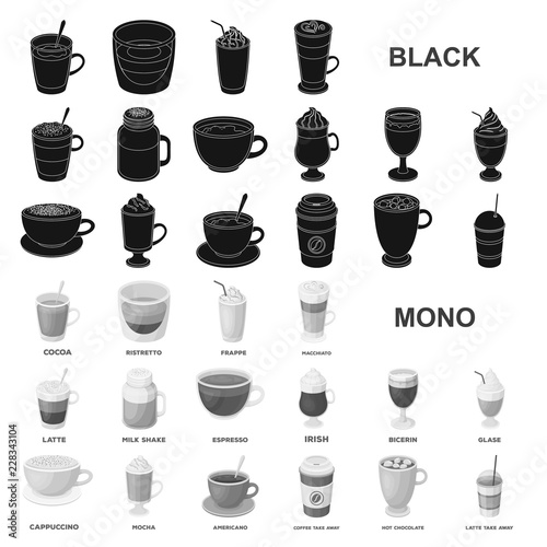 Different kinds of coffee black icons in set collection for design. Coffee drink vector symbol stock web illustration.