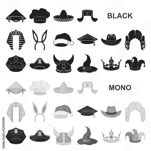 Different kinds of hats black icons in set collection for design.Headdress vector symbol stock web illustration.