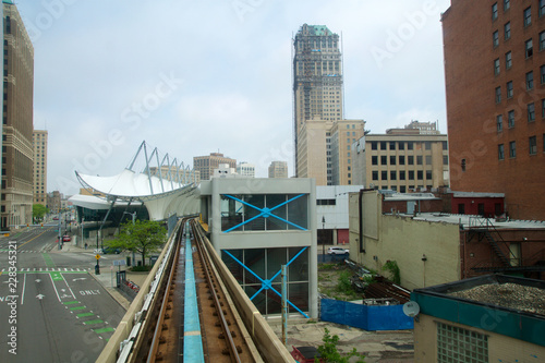 DETROIT, MICHIGAN, UNITED STATES - MAY 22nd, 2018: Riding the 'Detroit People Mover' Tramway in Detroit Downtown. The elevated monorail is one of many public modes of transportation in the city photo