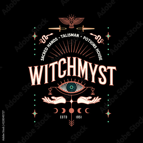 Vector vintage logo, label, poster design. Mystical celestial illustration with owl, hands, eye, snake, dagger, moon.