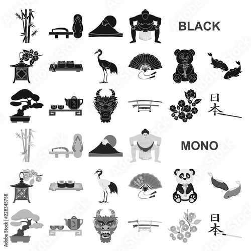 Country Japan black icons in set collection for design.Japan and landmark vector symbol stock web illustration.