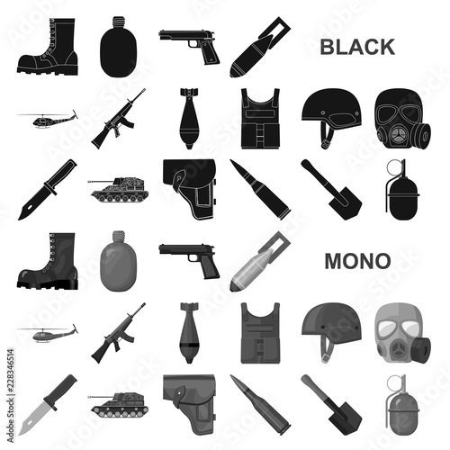Army and armament black icons in set collection for design. Weapons and equipment vector symbol stock web illustration.