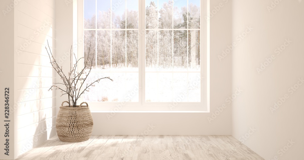 White empty room with vase and winter landscape in window. Scandinavian interior design. 3D illustration White empty room with vase and winter landscape in window. Scandinavian interior design. 3D illustration