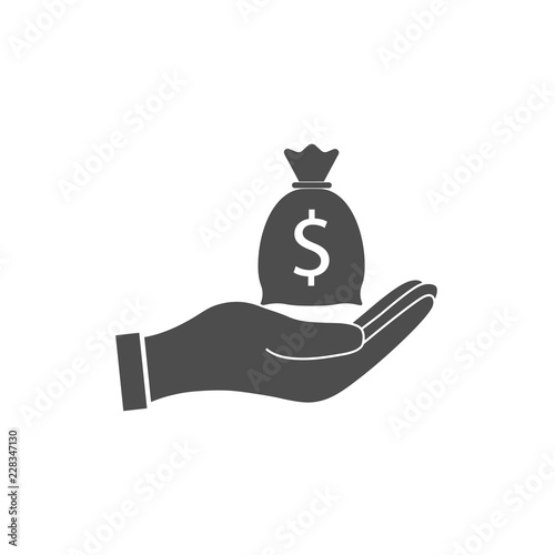 Money bag with hand icon. Vector illustration, flat design.